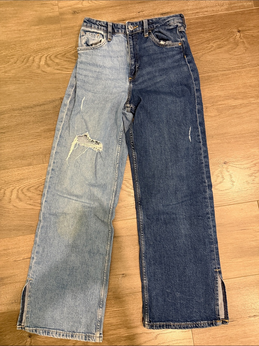 H&M Two-Tone Distressed Flare Jeans in Light and Dark Blue